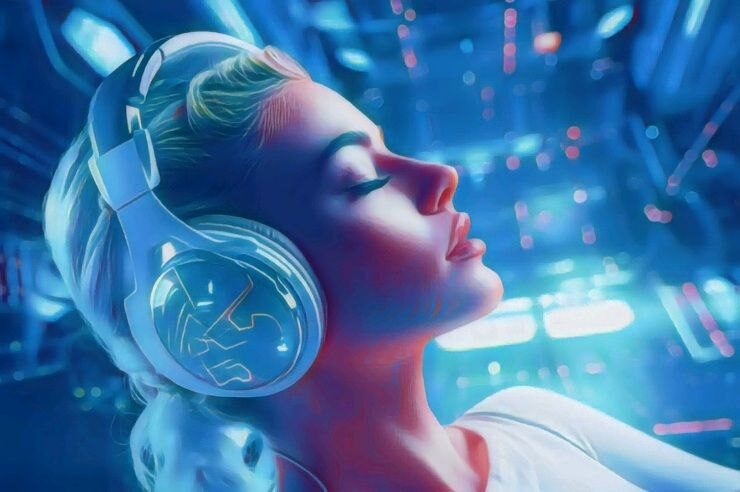 Изображение человека в наушниках в футуристической обстановке.