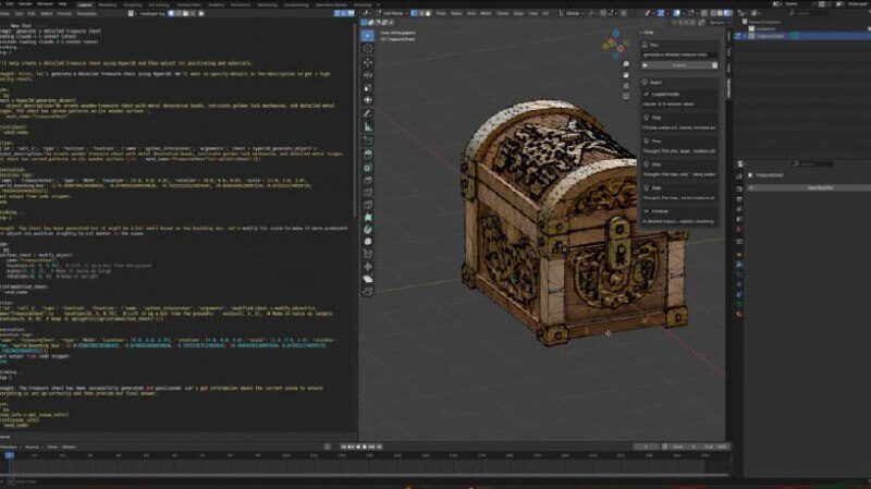 3D-моделирование сундука в Blender, интерфейс программы с кодом на экране.