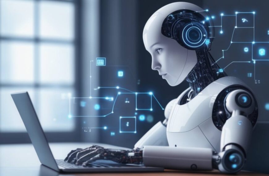 Робот за ноутбуком, анализирующий данные с помощью технологий искусственного интеллекта.
