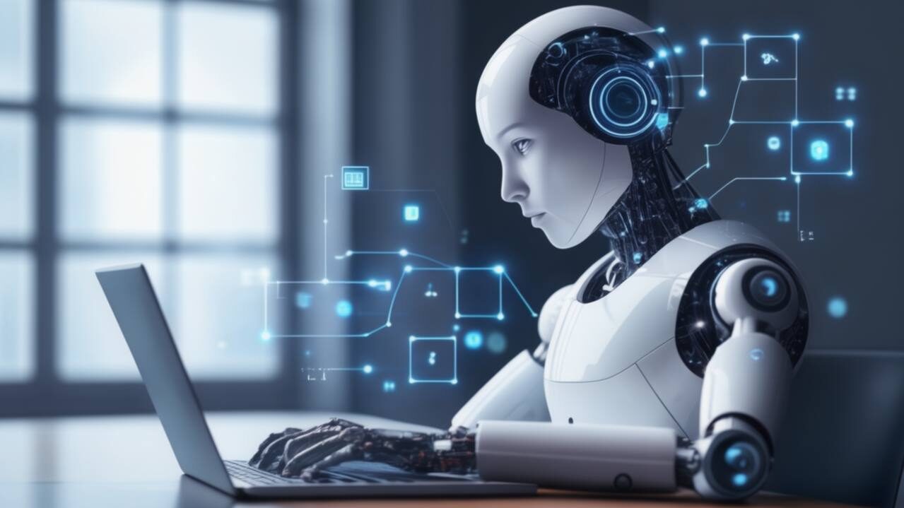 Робот за ноутбуком, анализирующий данные с помощью технологий искусственного интеллекта.