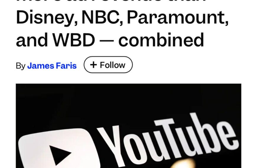 YouTube обгоняет Disney, NBC и другие по рекламным доходам, логотип YouTube на черном фоне.