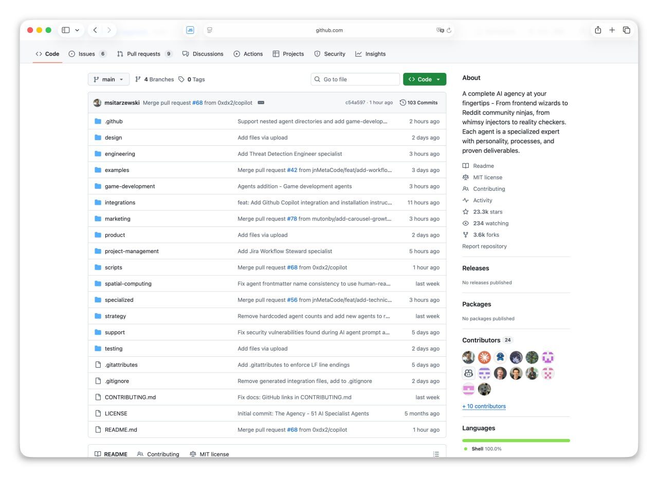 GitHub репозиторий с файлами и папками, вкладка кода, список изменений и участников.