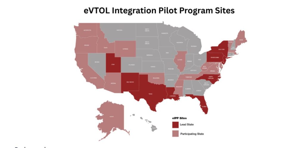 Карта США с участниками пилотной программы eVTOL Integration.