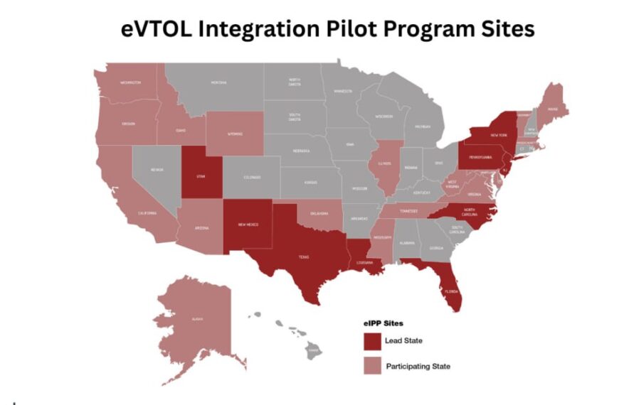 Карта США с участниками пилотной программы eVTOL Integration.
