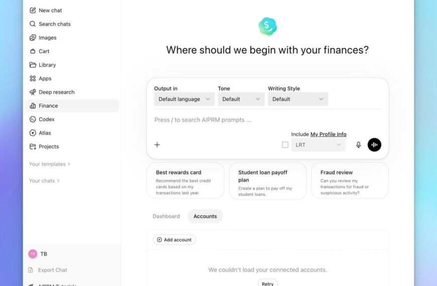 Интерфейс ChatGPT для управления финансами, выбор настроек и обзор аккаунтов.