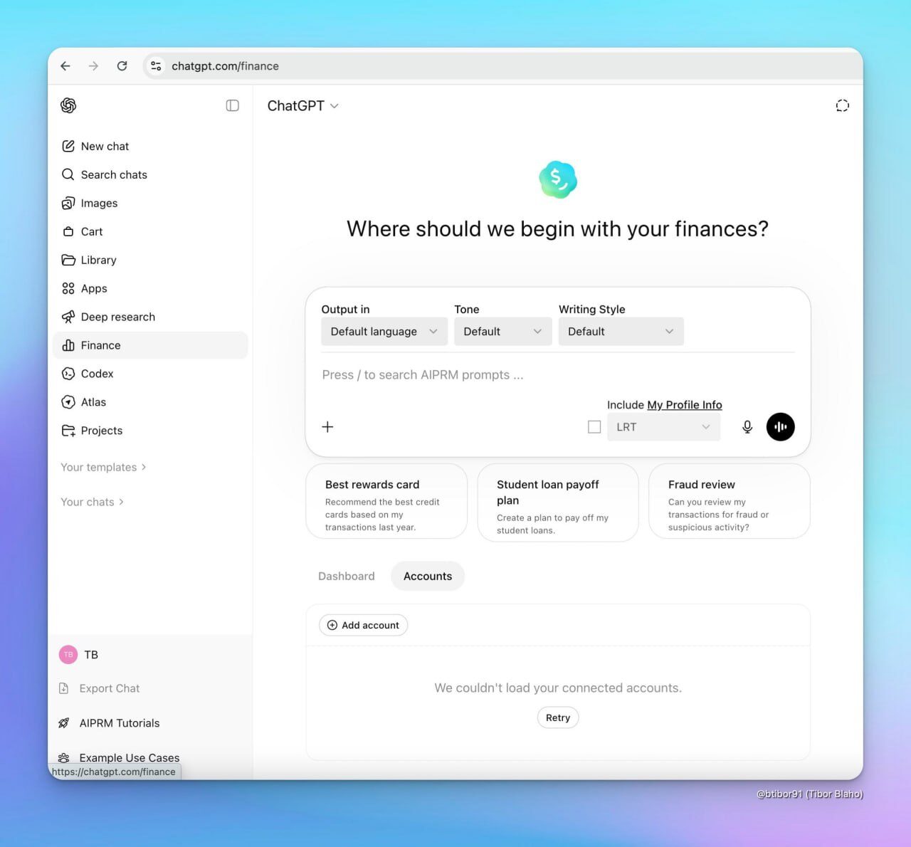 Интерфейс ChatGPT для управления финансами, выбор настроек и обзор аккаунтов.