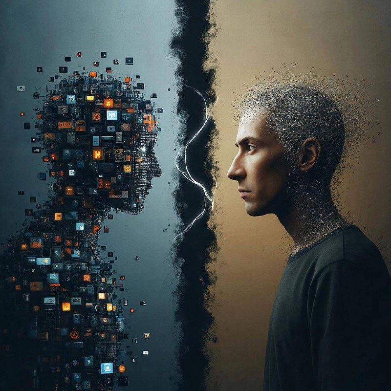 Заменит ли ИИ проектных менеджеров В последние годы этот вопрос... 1 Человек и цифровой аватар, разделенные молнией, символизируют технологическое противостояние.