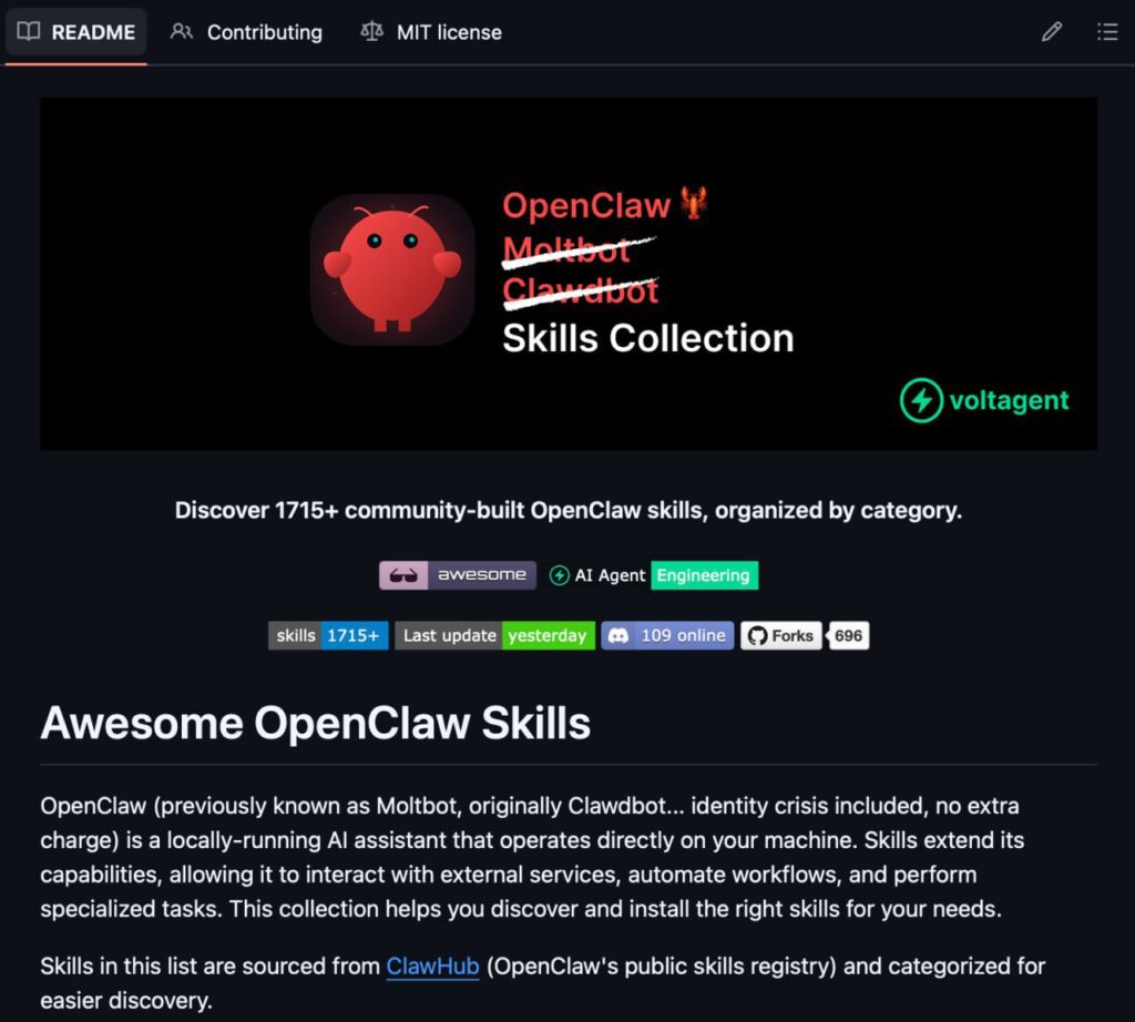 Сборник навыков OpenClaw для ИИ, описание функций, ссылки и обновления.