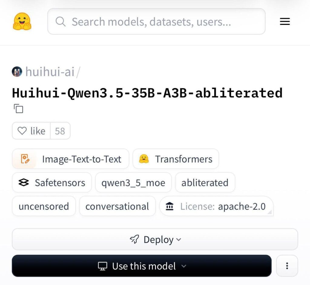 Интерфейс модели Huihui-Qwen3.5, настройки и теги на экране.