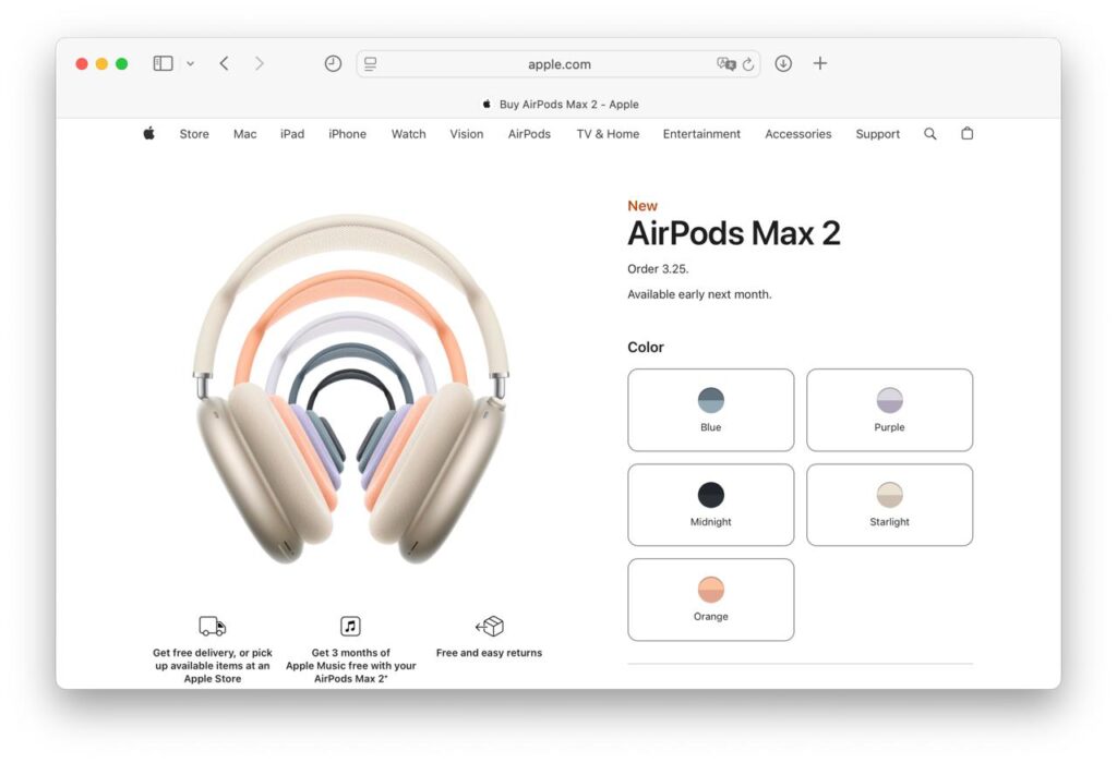 Наушники AirPods Max 2 в различных цветах на сайте Apple.