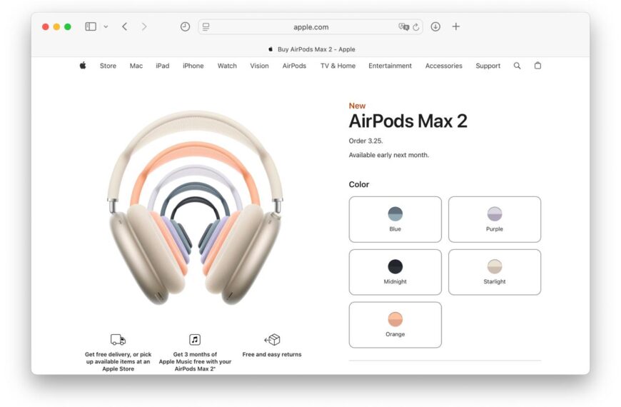 Наушники AirPods Max 2 в различных цветах на сайте Apple.