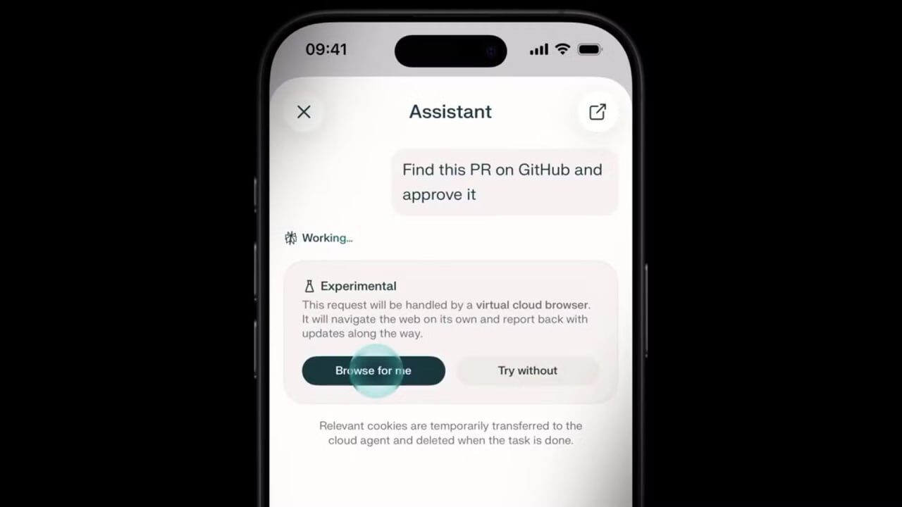 Смартфон с приложением ассистента, поиск PR на GitHub, экспериментальная функция облачного браузера.