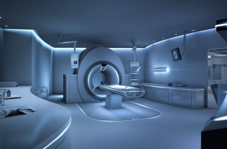 МРТ-кабинет с современным медицинским оборудованием в футуристическом стиле.