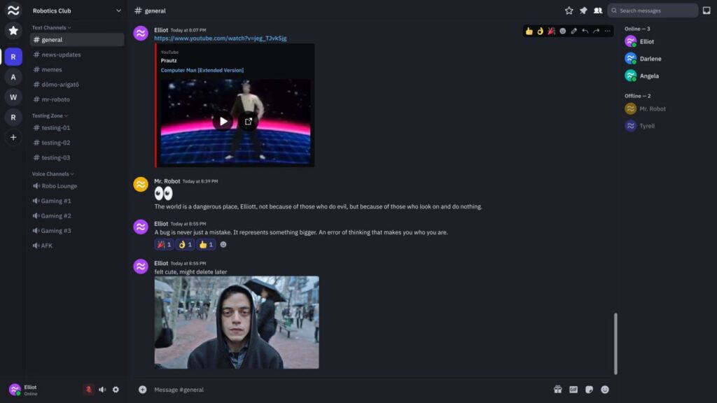 Скриншот чата в Discord с обменом сообщениями и видео о "Компьютерном человеке".