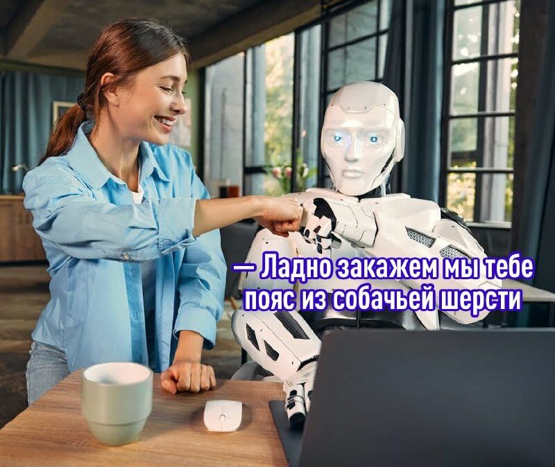 Женщина приветствует робота жестом кулака, шутка о поясе из собачьей шерсти.