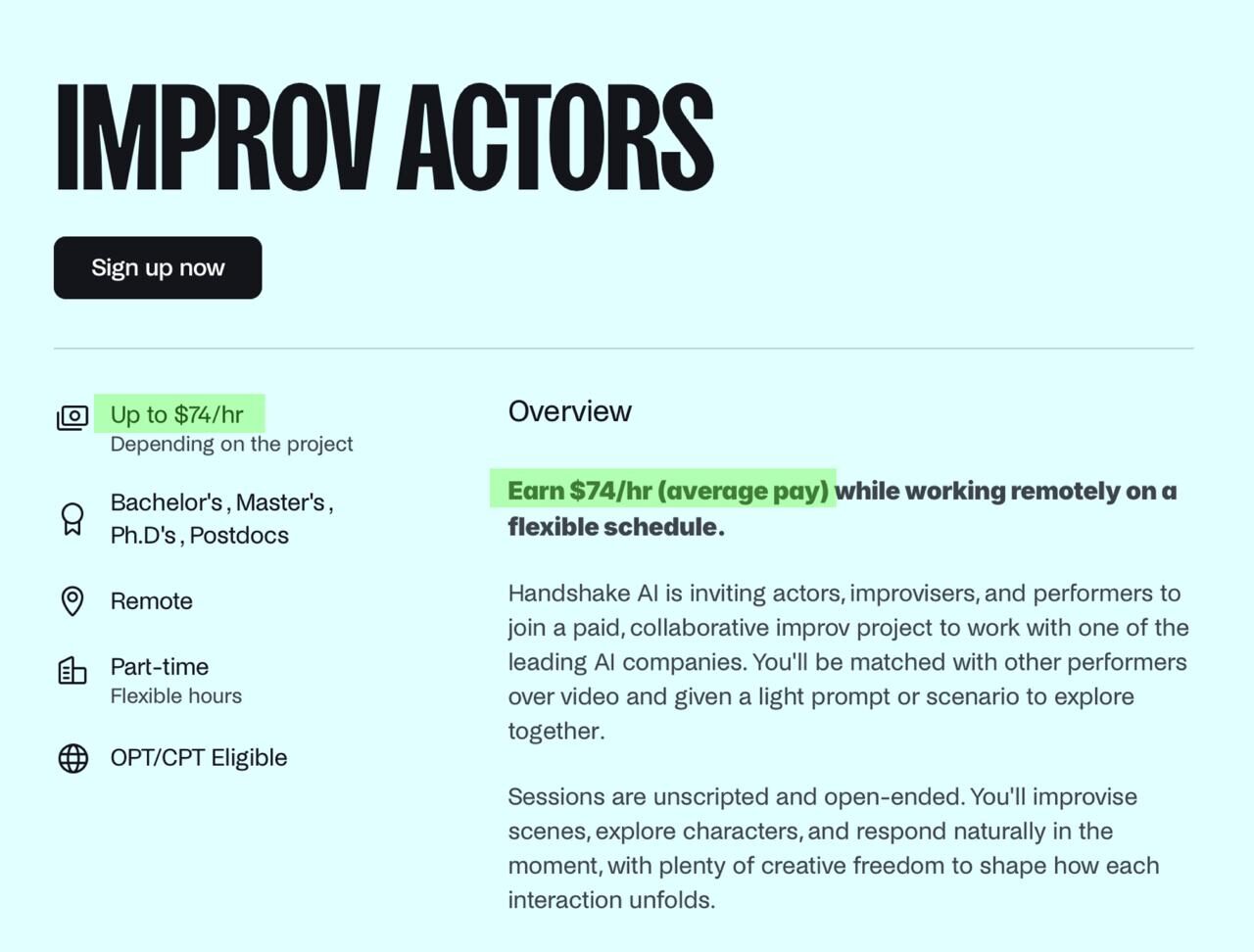 Объявление для импровизационных актёров с оплатой до $74/час, гибкий график, удалённая работа.