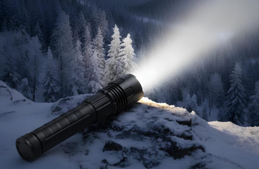 Фонарь освещает зимний лес, снежные деревья и склоны.