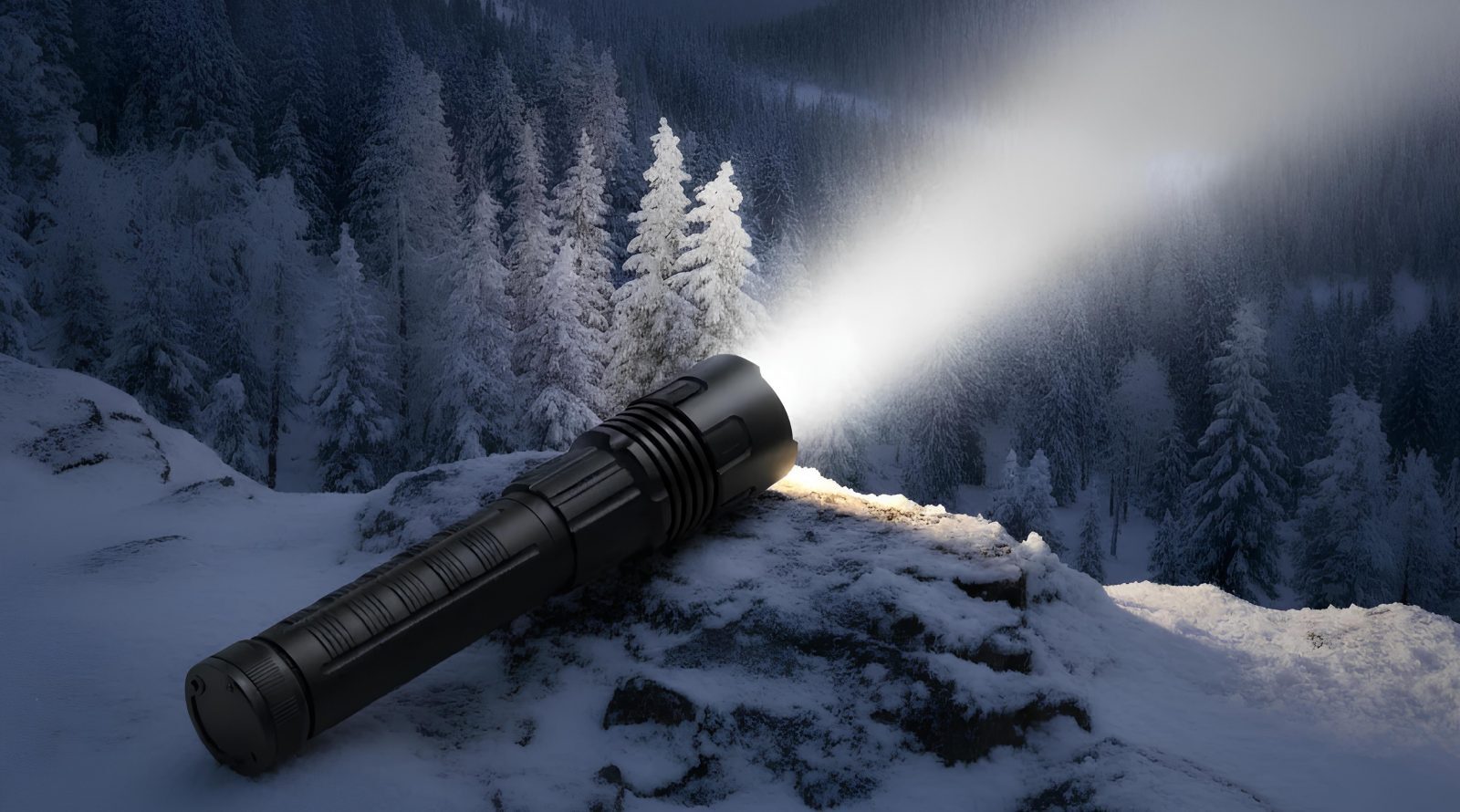 Фонарь освещает зимний лес, снежные деревья и склоны.