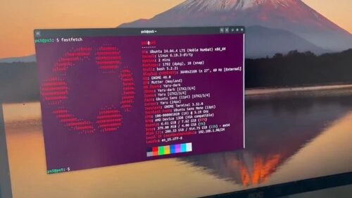 Терминал Ubuntu на экране перед пейзажем горы и озера, информация о системе.