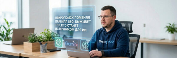 Человек в офисе работает за ноутбуком, на экране текста о нейропоиске и SEO.