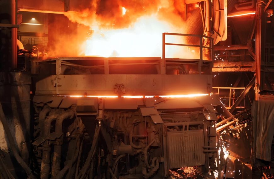 Металлургический завод, плавка стали в печи, яркое пламя и искры.