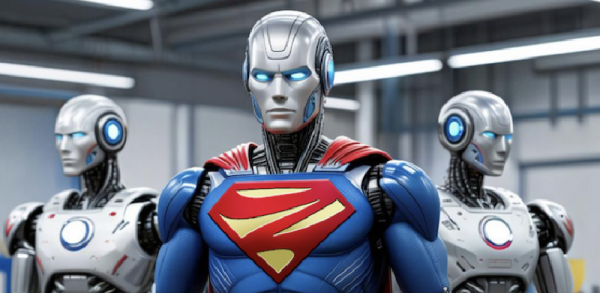 Роботы в костюмах супергероев в техно-интерьере.