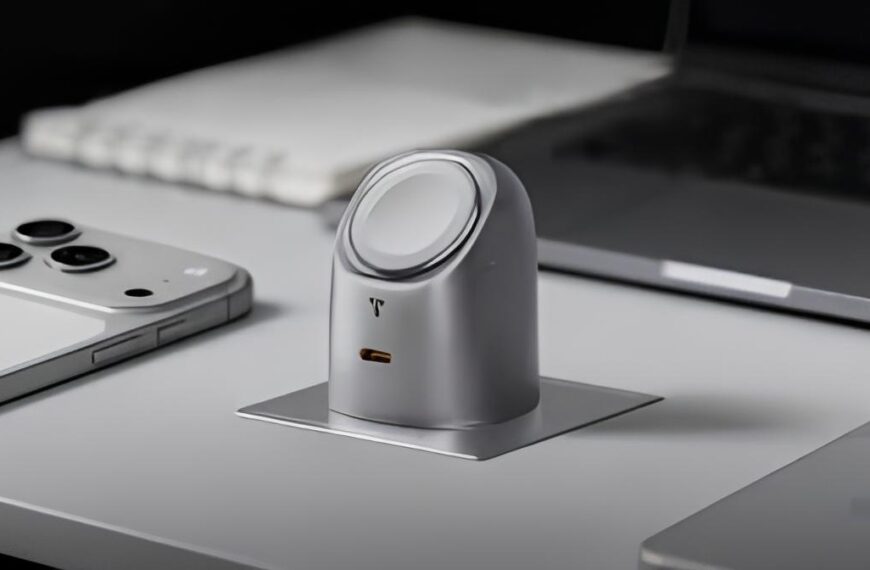 Минималистичный серебристый док-станция для гаджетов на рабочем столе с техникой.