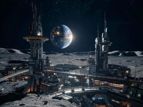 Лунная база с видом на Землю, футуристическая архитектура и космическое небо.