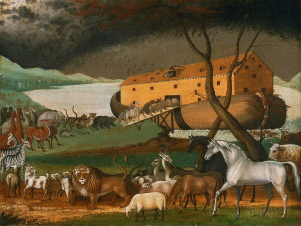 Животные перед Ноев ковчегом на фоне грозового неба.