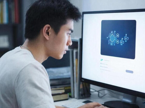 Человек работает за компьютером, анализирует данные на экране в офисе.