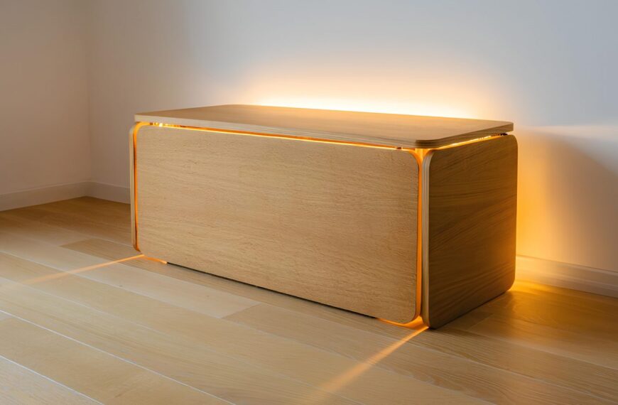 Деревянный минималистичный сундук с подсветкой в интерьере.