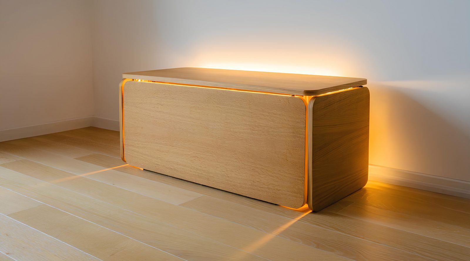 Деревянный минималистичный сундук с подсветкой в интерьере.