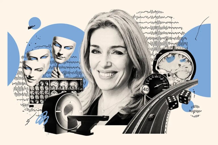 Коллаж: МРТ, мозг, дорога, кубики и приборы на фоне графиков.