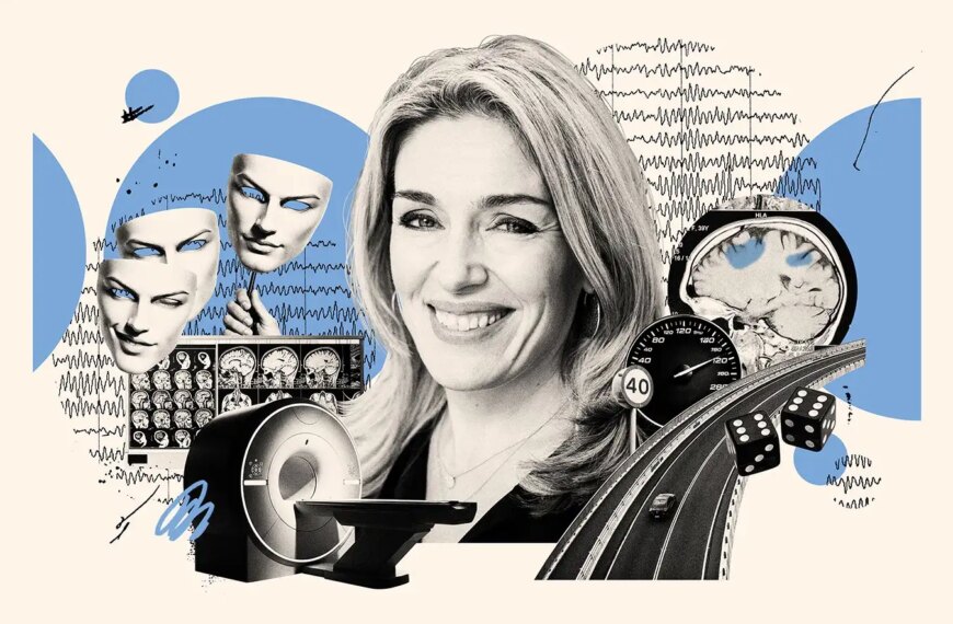 Коллаж: МРТ, мозг, дорога, кубики и приборы на фоне графиков.