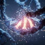 Абстрактное изображение взаимодействия клеток, освещенная связь молекул, яркий фон.