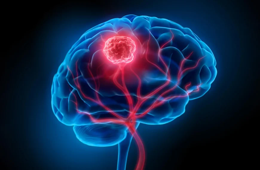 Изображение мозга с опухолью, подсвеченной красным цветом на черном фоне.