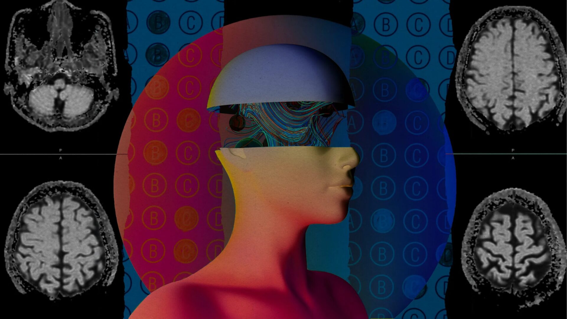 На фотоиллюстрации изображен человекоподобный персонаж на фоне текстур, полученных в ходе стандартизированных тестов и МРТ-сканирования головного мозга.