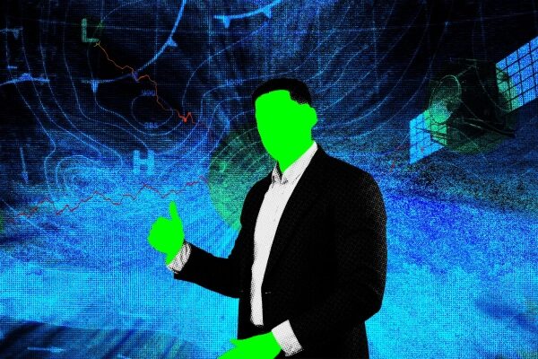 Человек в костюме показывает жест "класс!" на фоне графиков и диаграмм.