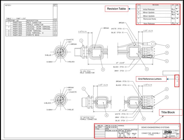 Чертеж электрического соединителя с таблицей ревизий и блоком заголовка. Элементы уточняются.