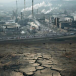 Промышленный завод, выбросы в атмосферу, сухая земля на переднем плане. Экологические проблемы.