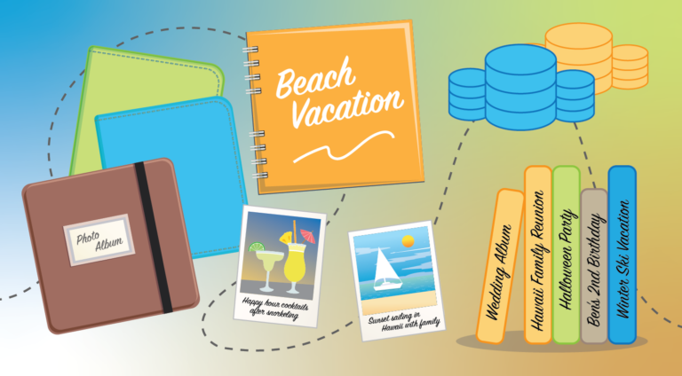 Фотоальбомы и снимки отпуска на пляже, включая коктейли и парусник на закате в Гавайях.