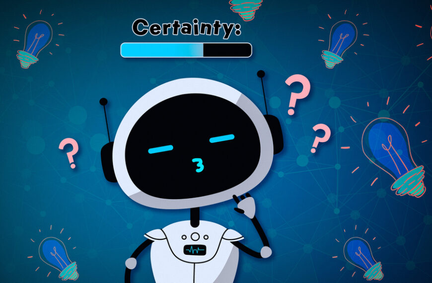 Иллюстрация задумчивого робота с низким уровнем уверенности, окруженного знаками вопроса.