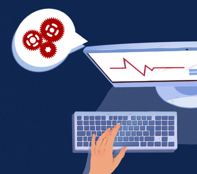 Рука на клавиатуре, монитор с графиком, речь о настройке программ, красные шестерёнки.