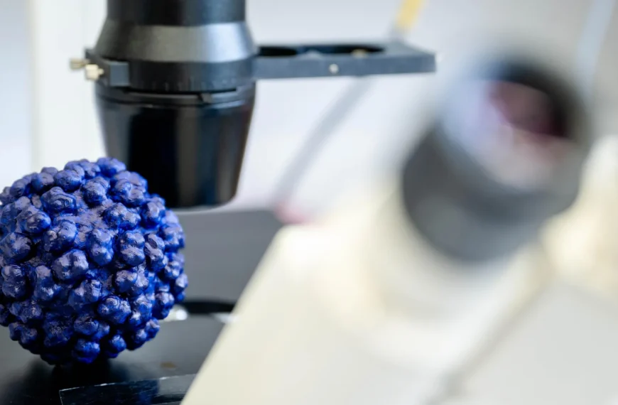 Микроскоп и модель вируса крупным планом на лабораторном столе.