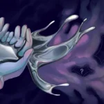 Космическая перчатка держит загадочную жидкость на фоне космоса, загадки и вопросительные знаки.