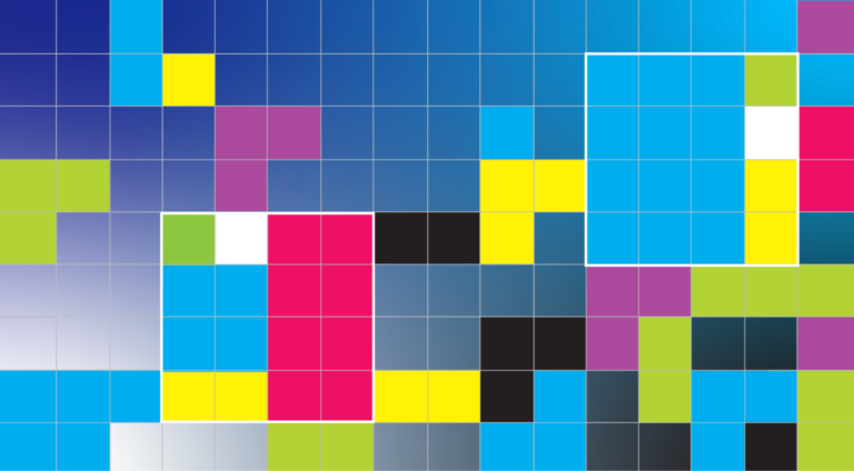 Абстрактный узор из цветных квадратов: синий, желтый, розовый, зеленый. Градиентный фон.