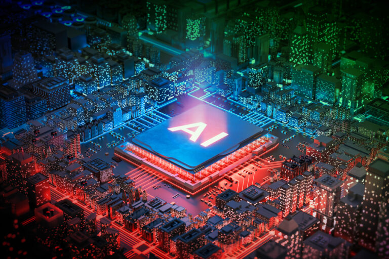 Изображение процессора с меткой AI, окружённого миниатюрным городом, освещённым неоновыми огнями.