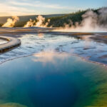 Гейзер в Йеллоустоунском парке с цветной водой и паром на фоне леса и заката.