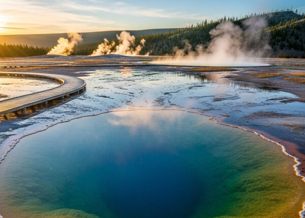 Гейзер в Йеллоустоунском парке с цветной водой и паром на фоне леса и заката.
