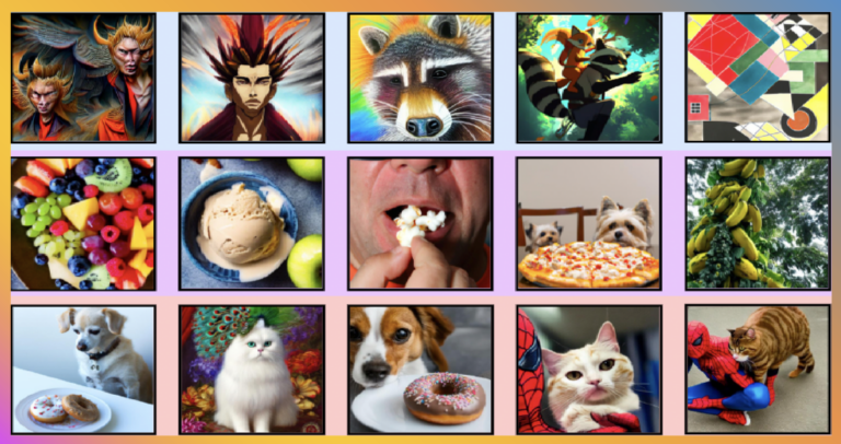 Коллаж: еда, животные, мультяшные персонажи; пицца, арбуз, мороженое, собакa, кошки и еноты.